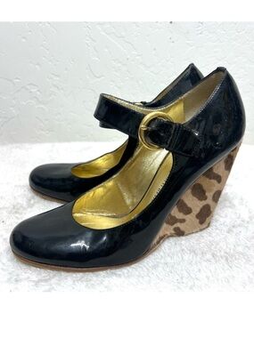 Giuseppe Zanotti Black Patent Leather Leopard Mary Jane Wedge Pumps Size 7.5